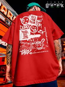Oversized Streetwear T-Shirt With Urban Skater Graffiti Print REF 3411 FLUXOGEEK - Red - View 5