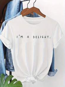 Plus Size, I M A DELIGHT Letter Print Plus Size Women's T-shirt, Short Sleeve Crew Neck Casual Top for Summer & Spring, Women's Clothing - Blanco - Ver 1