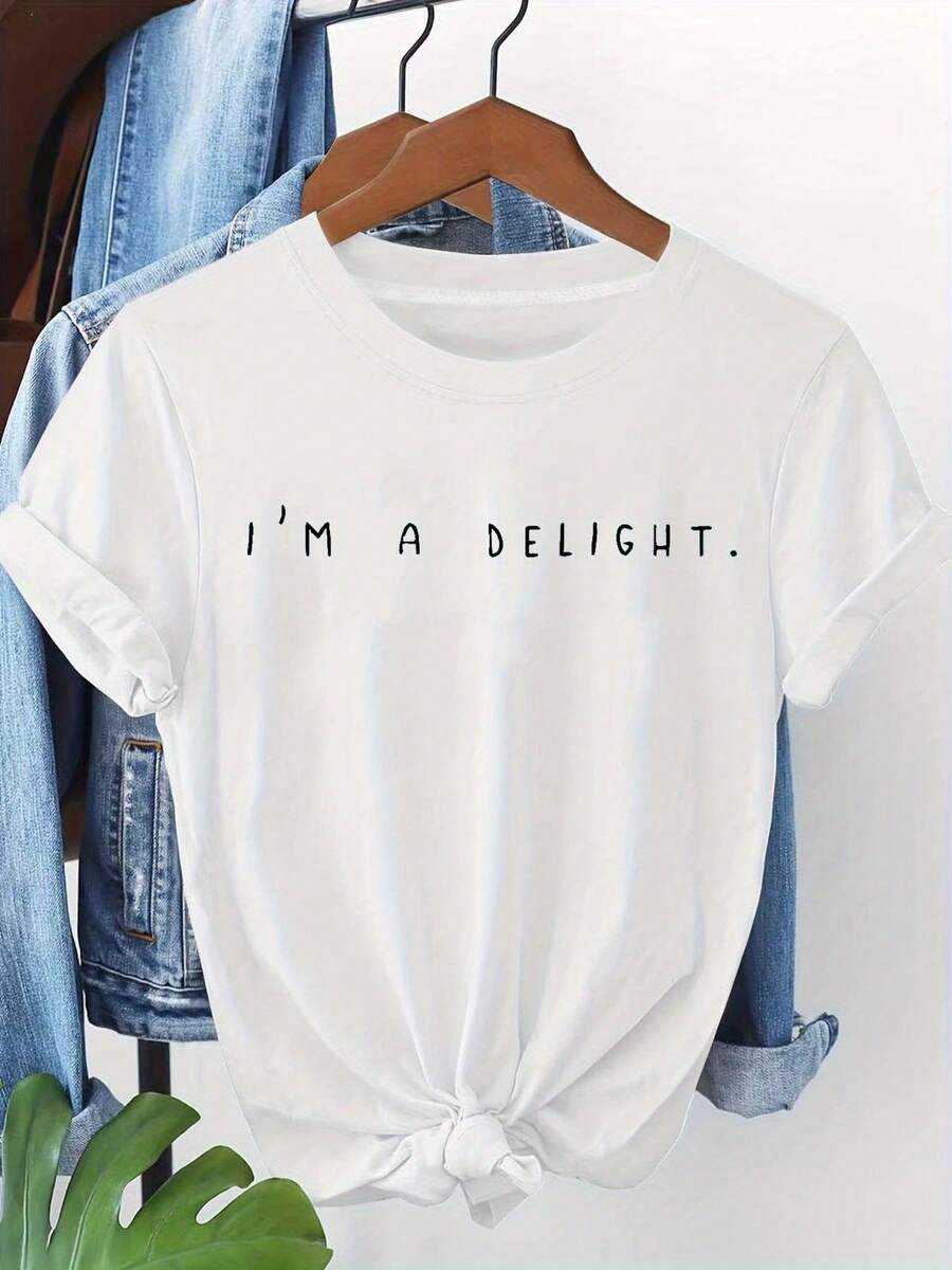 Plus Size, I M A DELIGHT Letter Print Plus Size Women's T-shirt, Short Sleeve Crew Neck Casual Top for Summer & Spring, Women's Clothing - Blanco - Ver 1