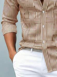 Áo sơ mi dài tay nam kẻ sọc họa tiết hình học, kiểu dáng công sở thường ngày, thiết kế cá tính, đa năng, phù hợp đi làm hàng ngày. - Màu Khaki - Xem 5