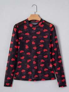 Acelitt Blusa de manga larga ajustada con cuello alto, de malla transparente negra con estampado de corazón, para primavera - Multicolor - Ver 6