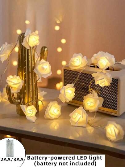 1 String 1.5/3/6m LED Rose Flower Lights, Warm White, Suitable For Wedding, Proposal, Party, Home, Garden, Outdoor, Camping, Holiday, Christmas, Princess Bedroom, Valentine's Day Decor (Batteries Not Included)