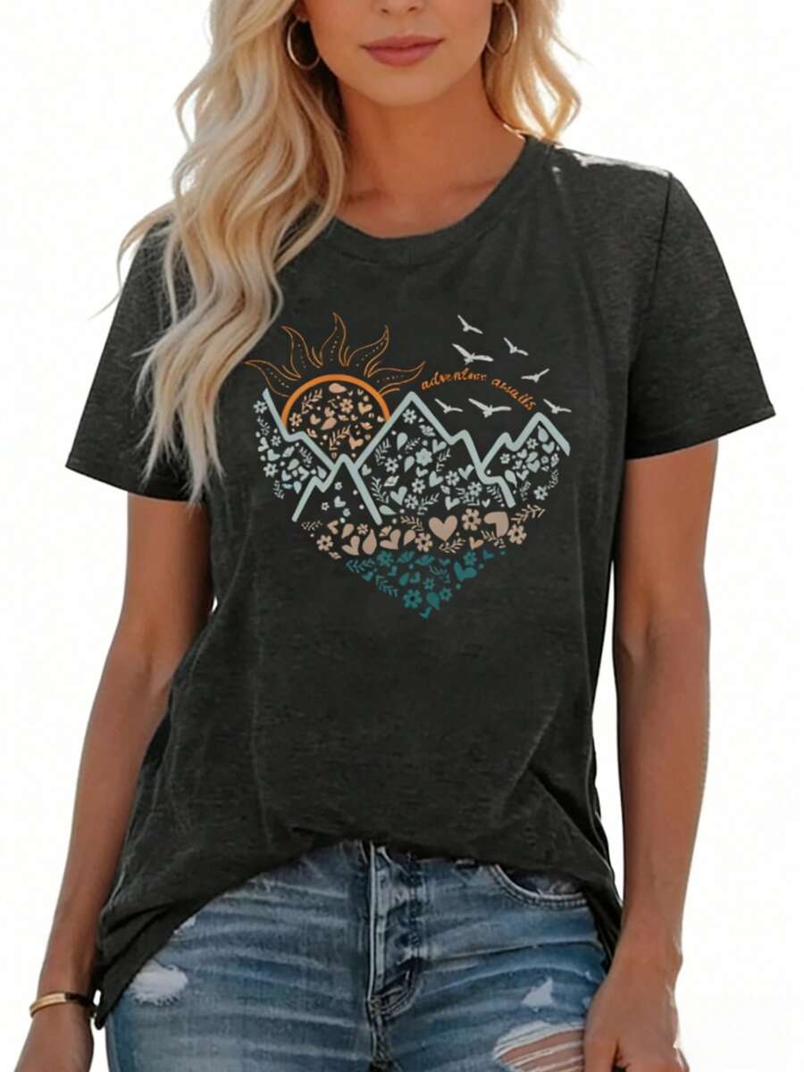Camiseta de mujer 100% algodón | Cuello redondo con gráfico de montaña y amanecer floral | Estilo casual y natural - Gris Oscuro - Ver 1