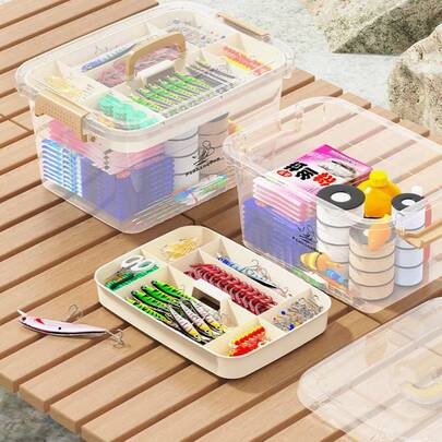 透明塑料储物盒，多功能钓鱼装备收纳盒，防尘便携容器，适用于家庭、办公室和户外装备，带提手，是存放小物件和配件的理想选择，易于分类和携带，户外钓鱼装备储物盒，大容量储物整理盒，鱼钩储物盒。