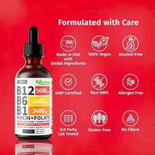 Vitamin B12 Raspberry Liquid Supplement Drops With B6, B1, Niacin & Folate - Edible Support For Energy, Brain & Heart, Non-GMO & Gluten-Free, 4 Fl Oz - 2-pACK - 查看 8