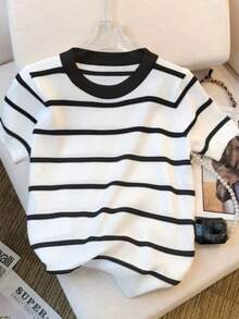 Women's Ribbed Cotton Striped Basic Two-Tone T-Shirt - Casual Autumn/Winter/Summer American Style - 條紋黑色領子 - 查看 3