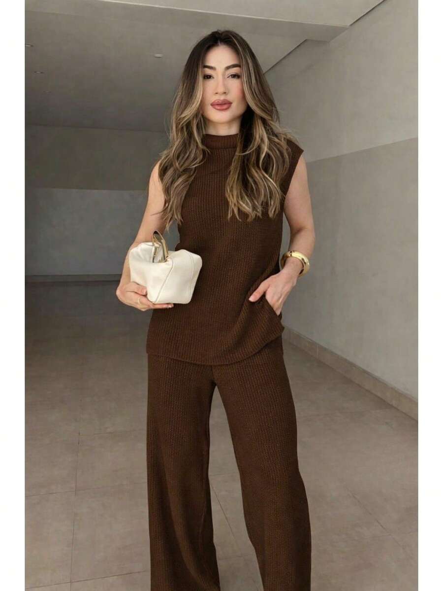 Women's Maxi Knit Set: Vest, Tank Top, Wide-Leg Pants With Pockets, Autumn/Winter Fashion, Stylish, Cold Weather, Comfortable Knitwear, Pockets, None, Winter Set - 鏽棕色 - 查看 1
