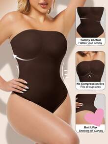 Women's Solid Color Strapless Push-Up Waist And Tummy Control Bodysuit ,Sculpting Body Shaper,Slimming Thong Bodysuit Smooth Shapewear For Women Tube Top Invisible Off-Shoulder Underwear For High Slit Dresses - 棕色 - 查看 2