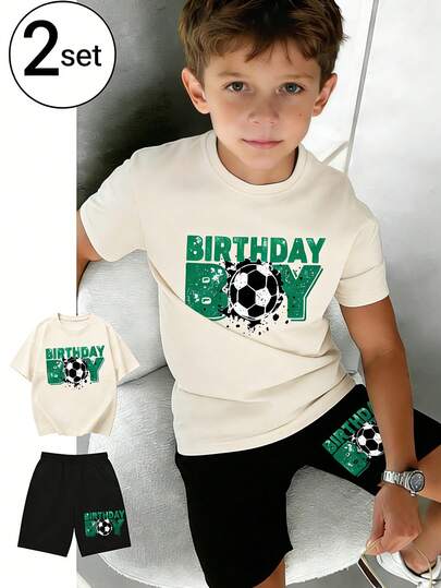 2pcs/Set Tween Boys' Football Print Short Sleeve T-Shirt And Shorts Set, Summer Outfit For Kids, Young Student Casual Wear