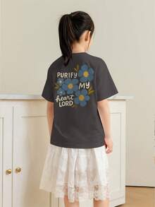 Tween Girls Students Casual Printed Round Neck Short Sleeve T-Shirt, Summer Top - Dark Grey - View 2