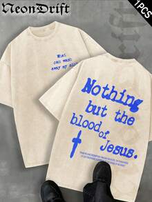 Y2K,Vintage Shirts Men Style "NOTHING BUT THE BLOOD OF JESUS" Print Washed Thickened Cotton T-Shirt - Creative Design, Unisex Casual Street Style, Surprise Gift, One Retro Washed 230g Top, Thickened Pure Cotton Material - Màu be - Xem 1