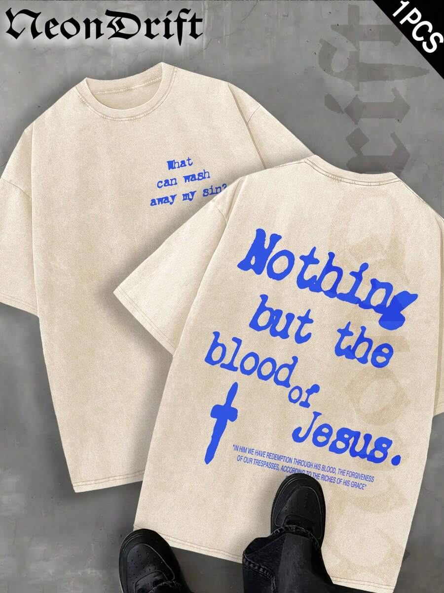 Y2K,Vintage Shirts Men Style "NOTHING BUT THE BLOOD OF JESUS" Print Washed Thickened Cotton T-Shirt - Creative Design, Unisex Casual Street Style, Surprise Gift, One Retro Washed 230g Top, Thickened Pure Cotton Material - Màu be - Xem 1