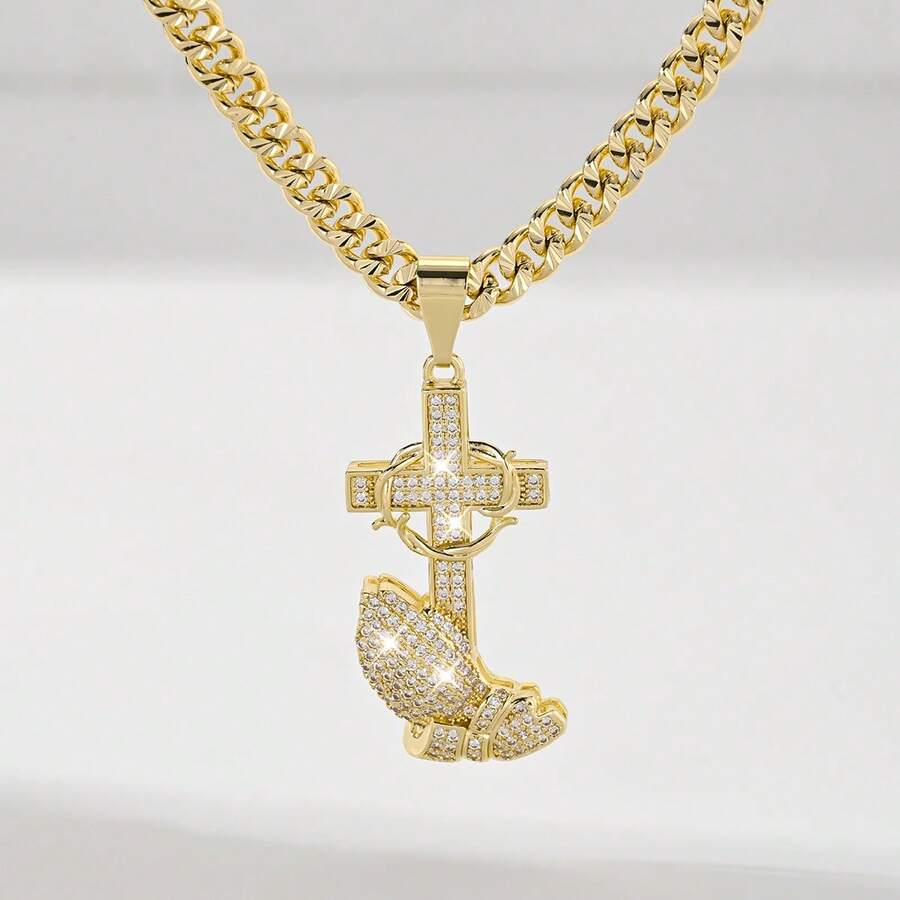 1 Peça Colar Pingente de Cruz de Jesus em Estilo Hip-Hop com Zircônia Incrustada em Cobre Estilo Clássico Europeu e Americano, Edição Limitada "Luz da Proteção", Adequado para Presentes de Natal/Ação de Graças/Halloween/Dia das Mães/Dia dos Namorados para Casais/Amigos/Crentes, Primeira Comunhão Católica, Presentes, Uso Diário e em Festivais para Oração - Ouro amarelo - Visão 1