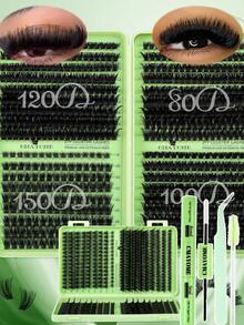 800/640/621PCS DIY Individual Eyelashes Clusters With Bond And Seal, Tweezers, Brush Set, D Curl 10D-150D High Capacity Eyelash Book, 10-16mm Mixed Length For Diy Different Makeup Beauty, Thick Fluffy Fake Lashes Extensions, Easy To Use Segmented Lashes, Suit For Daily,Wedding, Outdoor,Travel, Party, Music Festival Using, Gift For Women Lash Clusters Kit - 綠色 - 查看 5