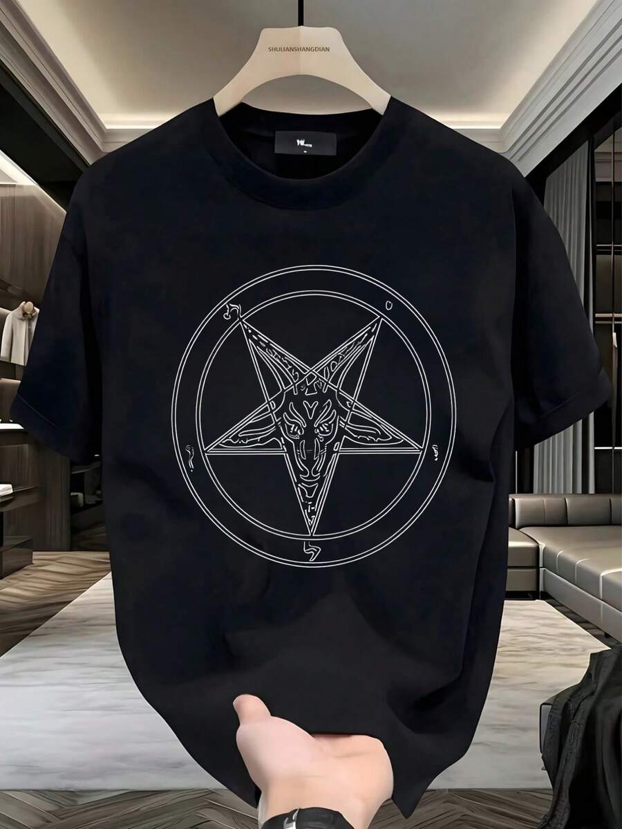 Playera Hombre, Baphomet Pentagrama, estampado oculto, gótico, estilo oscuro, casual diario, streetwear, regalo,playera de hombre,ropa de hombre,tops,regalos para hombre,nacional envio,oversize hombre. - Negro - Ver 1