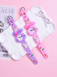 2pcs/Set Girls' Cartoon Long Ear Rabbit Soft Silicone Strap Children's Pointer Watch, Student Creative Animal Pattern Quartz Wristwatch - Multicolor - View 7