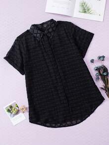 Acelitt Women Casual Solid Color Mesh Patchwork Lapel Single-Breasted Shirt, Summer - Black - View 7
