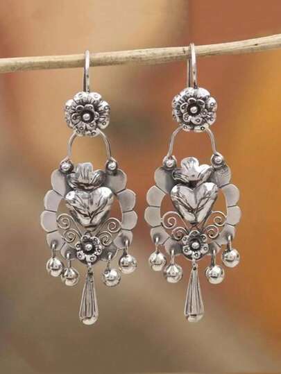 1 Pair Vintage Bohemian Hollow Heart Flower Tassel Earrings, Fashion Personalized Party Jewelry Gift For Women