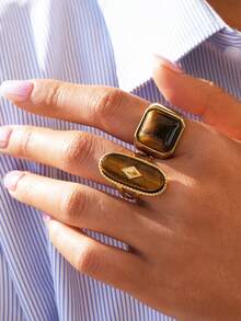 Frminee 2 PCS / 1 PC Fashion Natural Tiger Stone Stainless Steel Rings Oval Alpaca Rings For Women Stacked Rings Ladies' Jewelry Gifts For Her - Gold - View 3