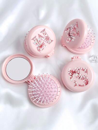 Pink Bow 26 Letter Round Folding Comb With Mirror, Portable Compact 2-In-1 Makeup Mirror Comb, Mini Foldable Air Cushion Massage Comb For Women ,Girls, Mom, Suitable For Wedding, Travel, Camping, Office, Business Trips, Sports, Outdoor, Performances, Brush Hair, Multi-Function, Back To School, Mother's Day Gift, Travel Essuential, Easter Gifts, Accessaries Women