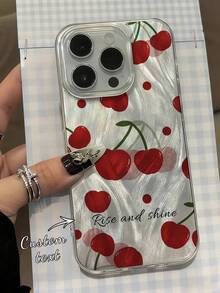 1pc Customized Name, Energetic Translucent Red Cherry Pattern Mother-Of-Pearl Texture Shiny Waterproof Shockproof Protective Phone Case Suitable Compatible With Apple 17 Pro Max/16 Pro Max/15 Pro/14 Plus/13 Pro/12 Pro Max/11/Xs Max/8/7 Phone Accessories, Transparent IMD Soft Glossy Smooth Phone Case - White - View 4