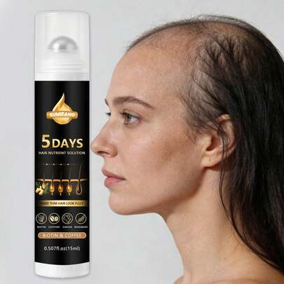 SUMIFANG 5天速效护发油，蕴含迷迭香和维生素E，旨在滋润柔顺秀发，滋养发丝，改善干燥毛躁，提升秀发光泽和弹性。配备金属按摩头，可精准按摩头皮，促进产品吸收，舒缓压力。15毫升