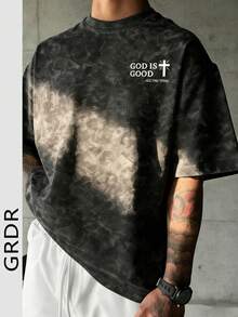 GRDR T-shirt à col rond style américain rétro minimaliste avec lettrage religieux, lavé. Confortable et respirant pour le port estival - Noir - Voir 2