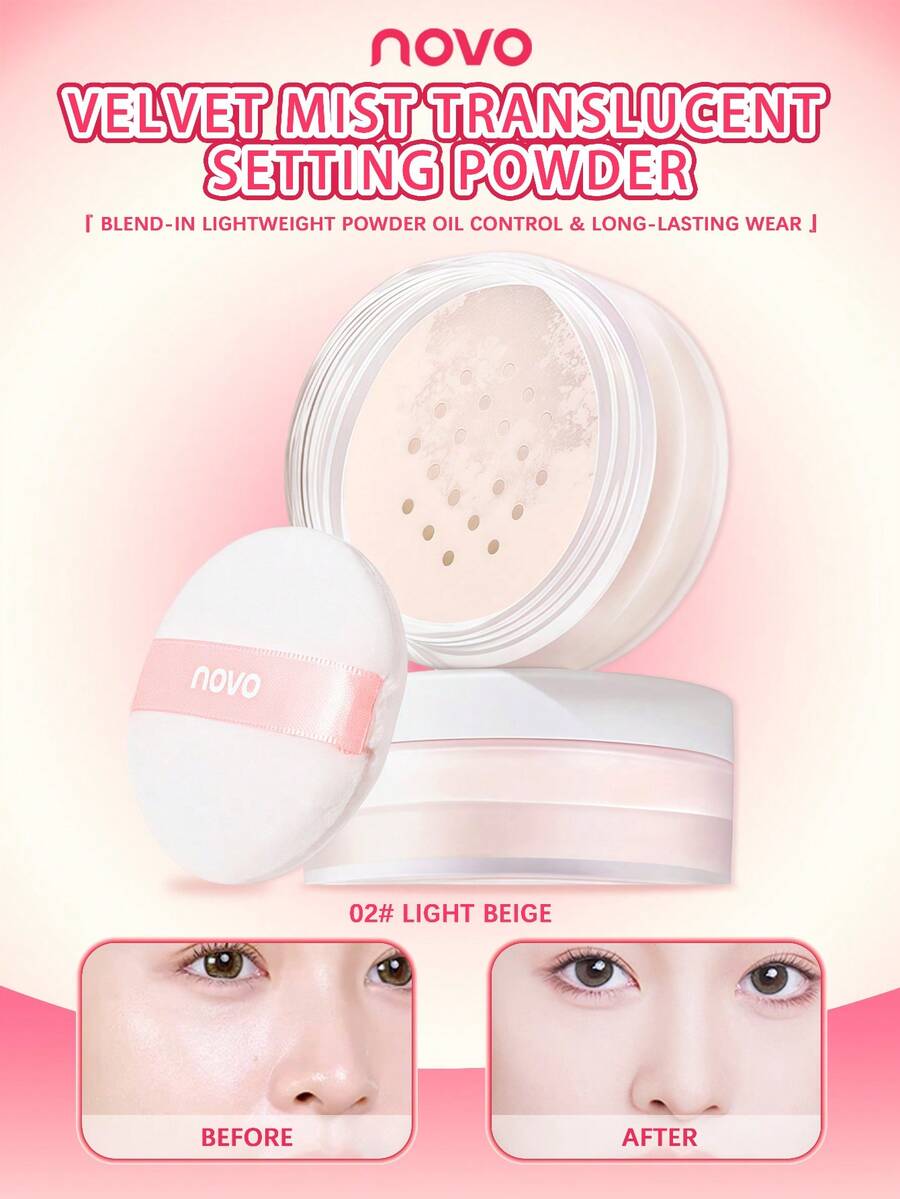 NOVO Waterproof, Sweat-Resistant, Long-Lasting Loose Powder, Oil-Absorbing, Matte Finish Pressed Powder For Oily Skin, Suitable For Outdoor Activities, Touch-Up Makeup, Daily Wear, Dates, Birthdays, Graduations, Parties, And Gift-Giving - 02# Light Beige - View 1