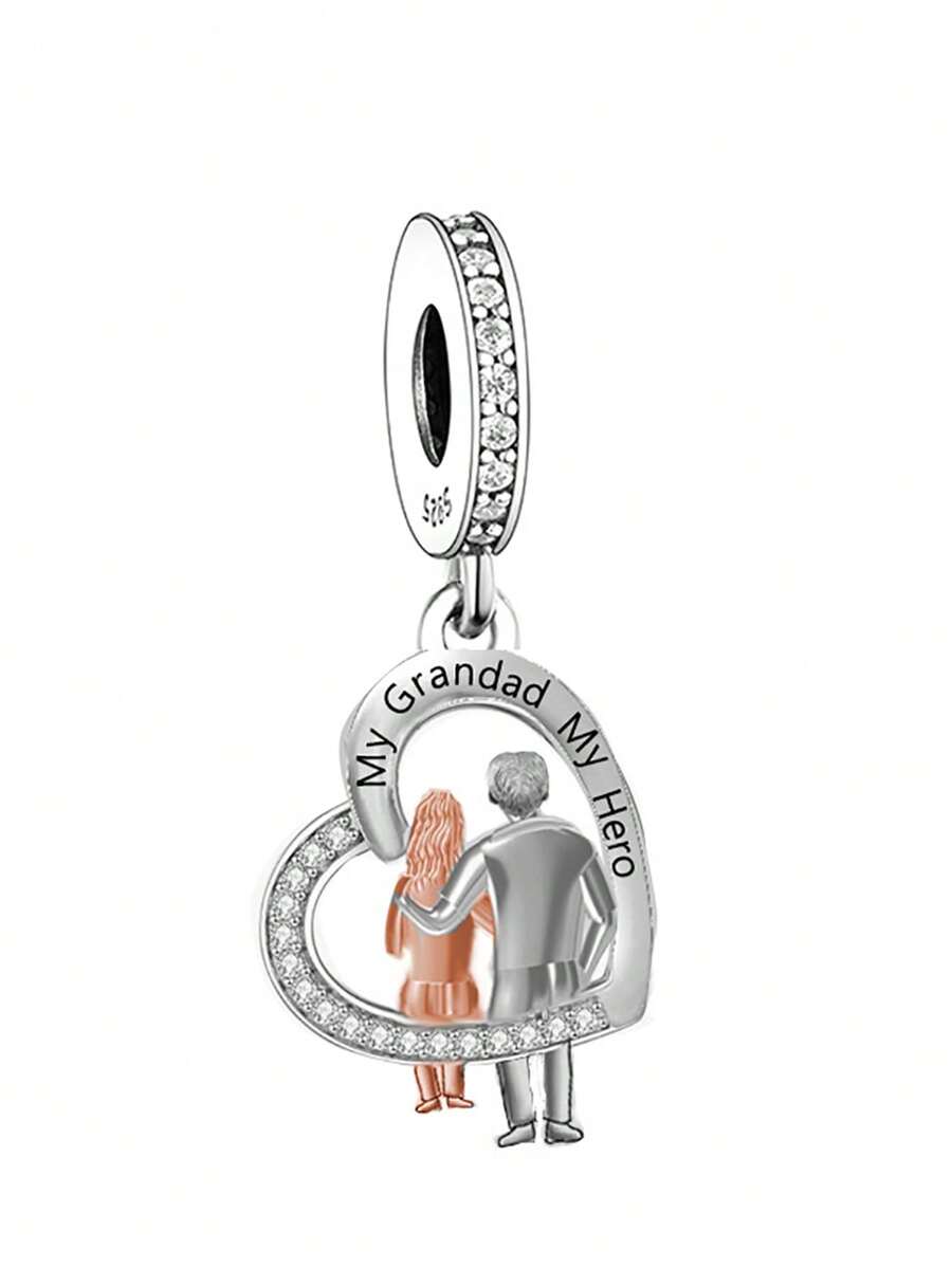 1 Piece Of Extremely Simple Style 925 Sterling Silver Heart Shape. My Grandfather Is A Hero Pendant Bead DIY Souvenir For Both Men And Women's Birthdays - Silver - View 1