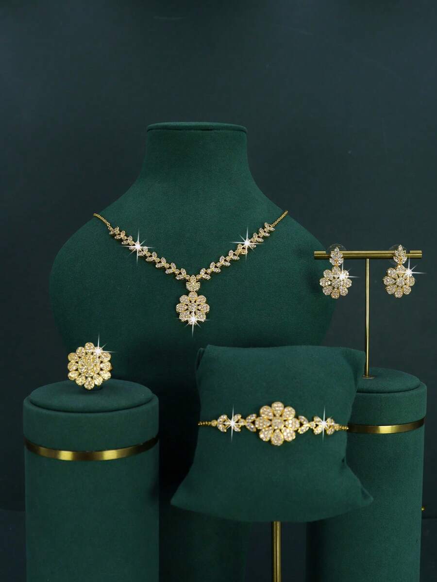 5pcs 18K Gold Plated Luxury Royal Style Sunflower Design Bridal Wedding Jewelry Set, Handset White Cubic Zirconia, Including Necklace, Bracelet, Earrings, Ring, Suitable For Daily Wear And Wedding, Wedding Anniversary Gift