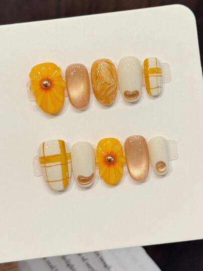 10 piezas de uñas postizas de arte de uñas hechas a mano, uñas ovaladas acrílicas removibles, estilo minimalista lindo en cuadros amarillos, margaritas, perlas doradas, diseños florales tallados en 3D, adecuados para Eid, Año Nuevo, San Valentín, fiestas y temporadas