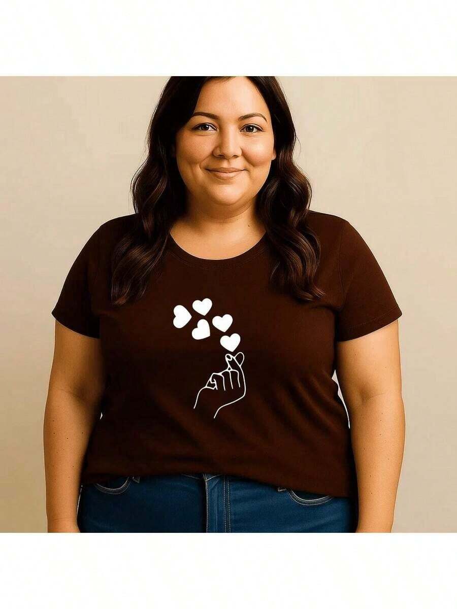 Women's Plus Size T-Shirt, 100% Cotton, Printed Finger Heart Design, Korean Drama/Kpop Style, Basic Premium Style, Round Neck, Short Sleeve, Casual Streetwear/Gym, Comfortable, Sizes G1 To G5 - 鏽棕色 - 查看 1