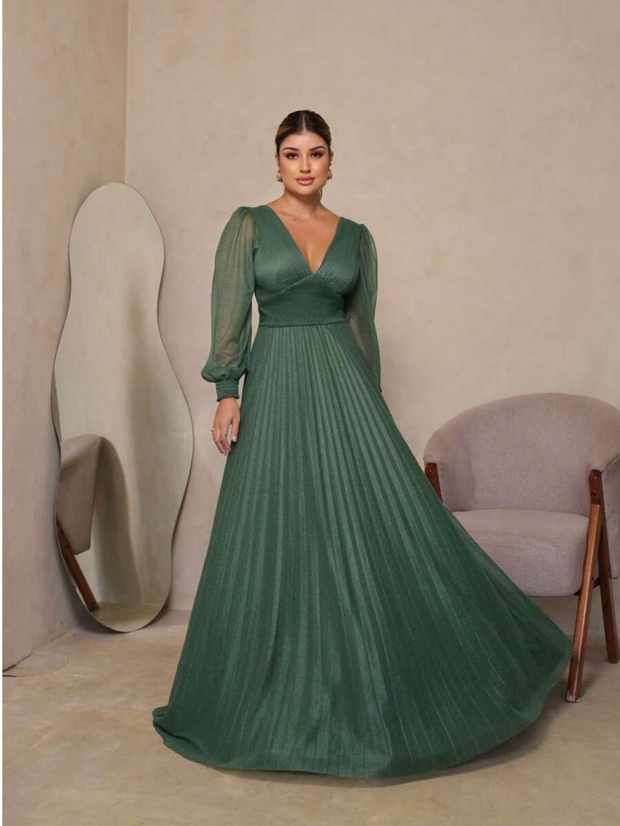 Elegant Women's Long Dress With Long Sleeves And Pleats, Suitable For Bridesmaids, Bridesmaids, Mothers Of The Bride, Groomsmen, Weddings, Graduations, And Evangelical Fashion. - 橄欖綠 - 查看 1