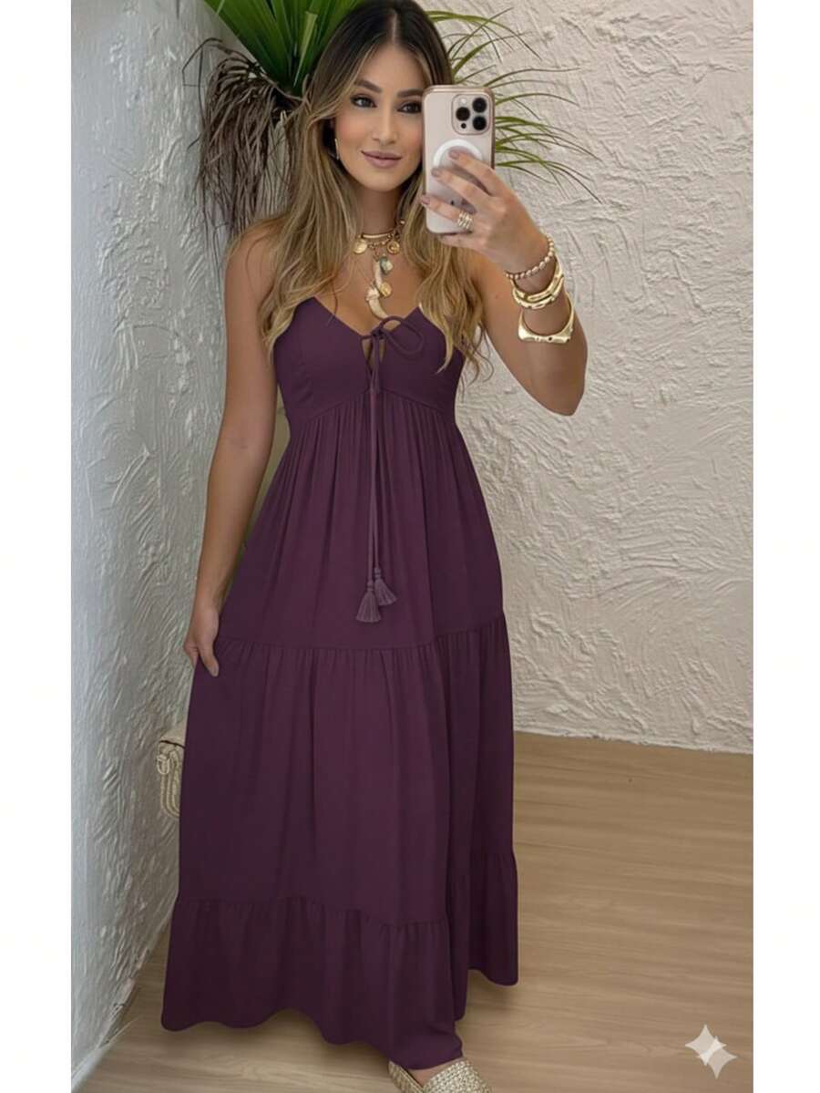 Women's Long Dress, Flowing Style, Thin Straps, V-Neck With Front Tie, Elastic Back - Fits Sizes 36 To 42. - 紫色 - 查看 1