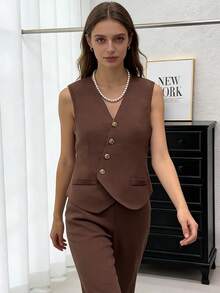 Cardigan Delgado para mujeres Chaleco sin mangas de cuello en V tejido para mujer. Estilo vintage francés veraniego. Silueta estilizada. Dobladillo irregular único y distintivo. Prenda exclusiva y distintiva. - Café integral - Ver 7