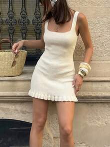 1pc Women's Summer Square Neck Ruffle Hem Fitted Sleeveless Knit Dress - Apricot - View 3