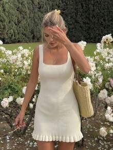 1pc Women's Summer Square Neck Ruffle Hem Fitted Sleeveless Knit Dress - Apricot - View 6