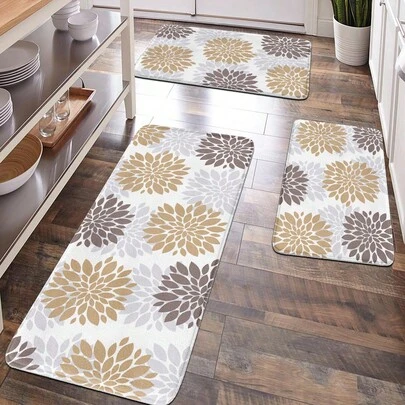 1件几何花卉印花柔软绒面防滑地垫，适用于浴室、厨房、玄关，舒适坐垫可缓解疲劳。