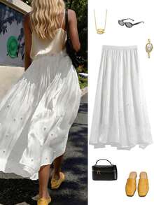 女士纯色优雅雪纺珍珠半身裙，夏季优雅百搭法式珍珠A字裙，波西米亚度假显瘦连衣裙 白色 - 白色 - 查看 3