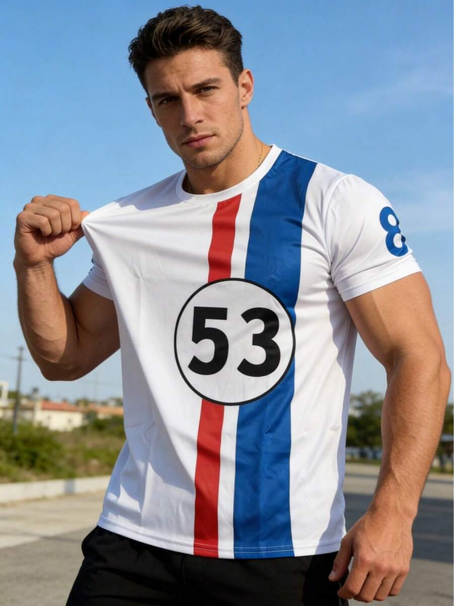 这款休闲时尚T恤采用100%涤纶面料，清爽的白色上衣搭配红蓝条纹短袖，并印有醒目的53号图案。 - 黑色 - 查看 1