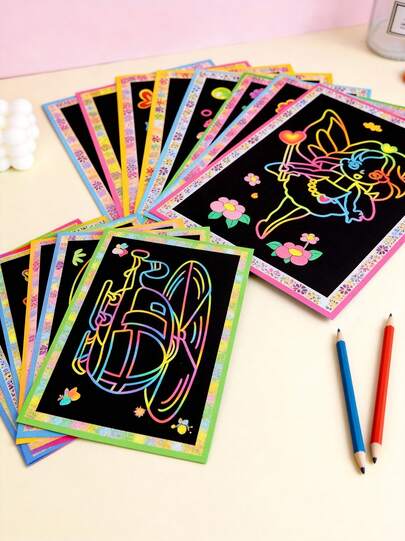 10/20件套DIY刮画套装，包含画纸、魔法画纸、刮刀和木制刮笔，创意涂色工艺品，DIY绘画套装