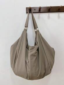 Large Capacity Plaid Pattern Shoulder Bag, Solid Color Nylon Material Water-Resistant, Minimalist Style Women's Crossbody Bag, Zipper Closure, Casual Practical Multipurpose Tote Bag, Suitable For Work, Study, Travel - Grey - View 10