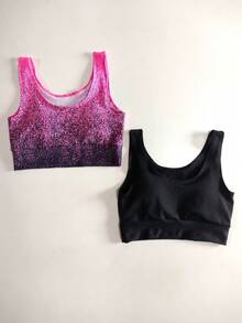 KIT 2 Tops In Suplex With Removable Padding, Double Fabric, Wide Waistband, Comfortable For The Gym Ref.866. Basic Black Cropped Fitness Top With Neon Pink Gradient Tie-Dye Print. - 1 màu đen + 1 màu hồng neon phối gradient - Xem 1