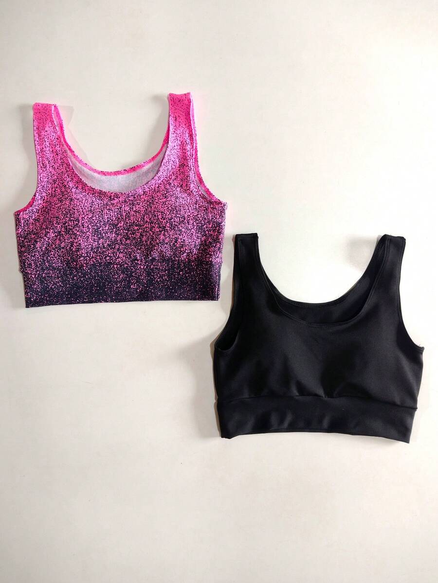 KIT 2 Tops In Suplex With Removable Padding, Double Fabric, Wide Waistband, Comfortable For The Gym Ref.866. Basic Black Cropped Fitness Top With Neon Pink Gradient Tie-Dye Print. - 1 màu đen + 1 màu hồng neon phối gradient - Xem 1