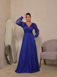 Elegant Women's Long Dress With Long Sleeves And Pleats, Suitable For Bridesmaids, Bridesmaids, Mothers Of The Bride, Groomsmen, Weddings, Graduations, And Evangelical Fashion. - Xanh đậm - Xem 1