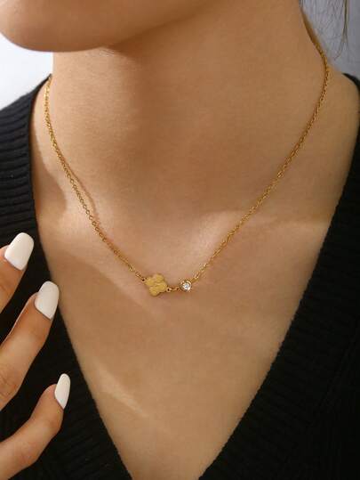 TONSI 1 pieza Collar colgante de flor de la suerte chapado en oro de 18K con circonita, collar gargantilla de trébol de cuatro hojas, adecuado para uso diario, fiestas y citas de mujeres