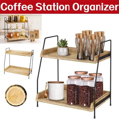 Coffee Station Organizer For Countertop, 2 Tier Coffee Bar Accessories And Organizer, Wooden Kitchen Storage & Organisation, Countertop Organiser For Kitchen, Home, Office  Countertop Storage Rack With Black Metal Frame, Easy Assembly