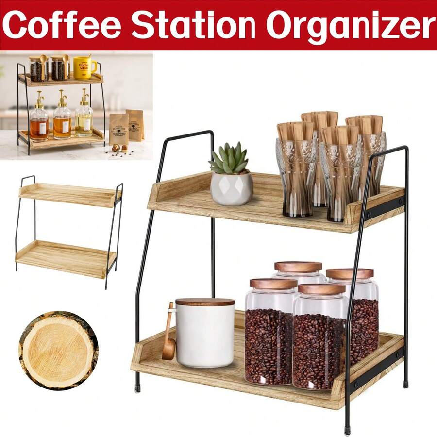 Coffee Station Organizer For Countertop, 2 Tier Coffee Bar Accessories And Organizer, Wooden Kitchen Storage & Organisation, Countertop Organiser For Kitchen, Home, Office  Countertop Storage Rack With Black Metal Frame, Easy Assembly - View 1