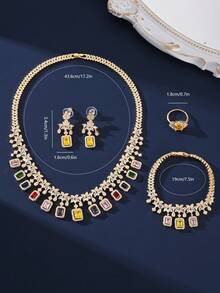 4pcs/Set Luxury Jewelry Set: Copper, Colorful Green Zirconia Tassel Design Gold Necklace, Earrings, Ring, Bracelet. Elegant Jewelry For Evening Party, Wedding, Bride, Daily Wear For Women - Colorful - View 5