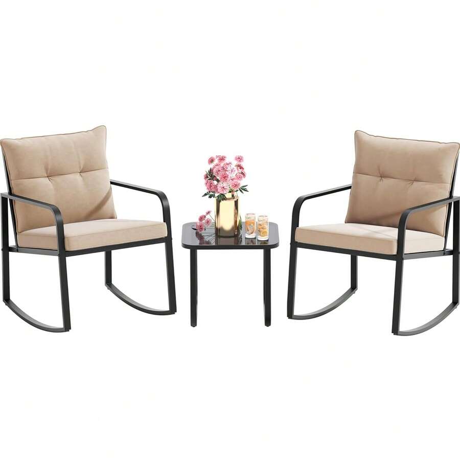 Juego de bistró mecedor de 3 piezas, muebles de patio de acero negro, juego de sillas de porche con mesa de centro de vidrio y cojín de respaldo, para balcón, jardín, terraza y patio trasero - Albaricoque - Ver 1
